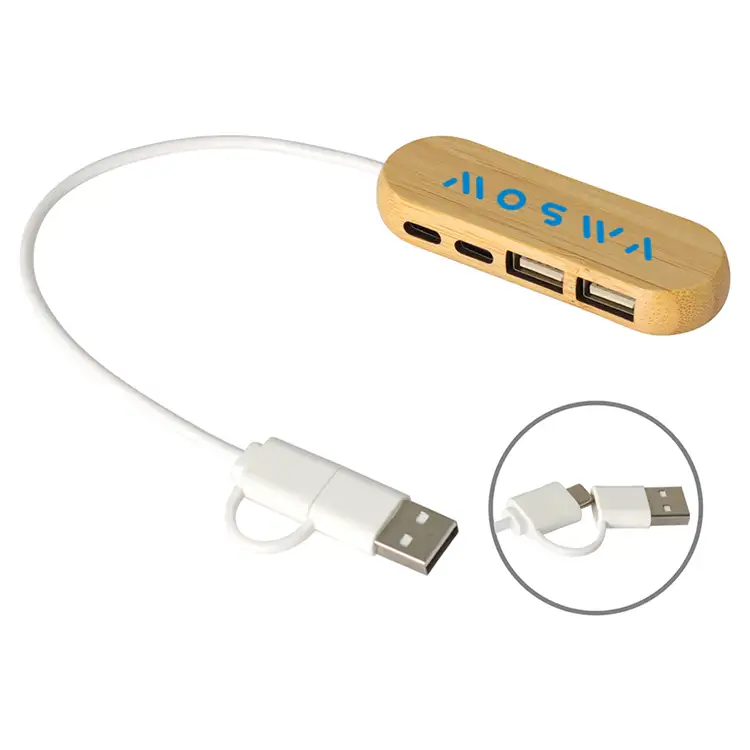 Hub USB et USB-C à deux ports en bambou